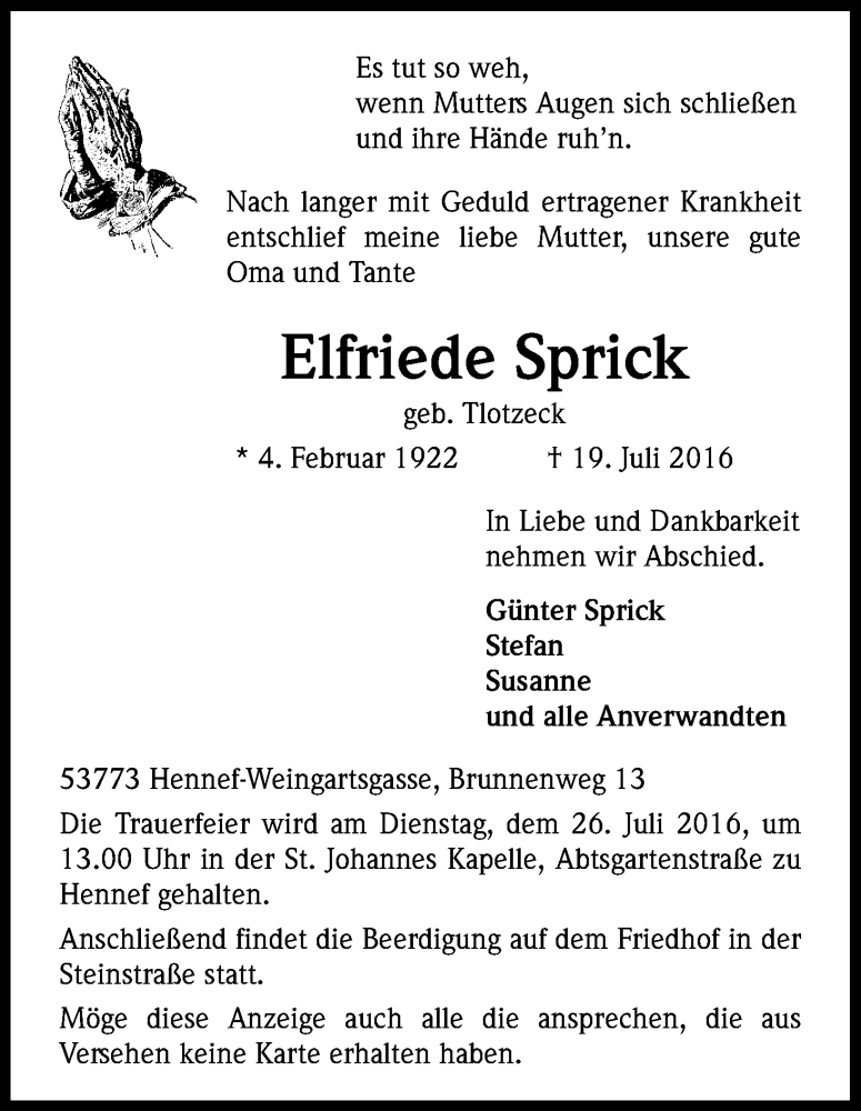  Traueranzeige für Elfriede Sprick vom 23.07.2016 aus Kölner Stadt-Anzeiger / Kölnische Rundschau / Express
