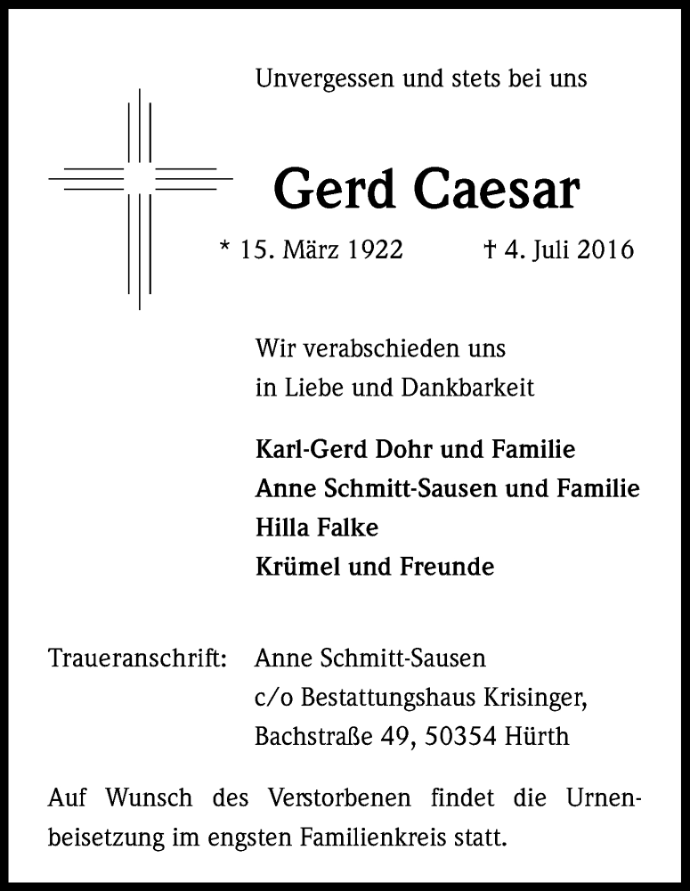  Traueranzeige für Gerd Caesar vom 09.07.2016 aus Kölner Stadt-Anzeiger / Kölnische Rundschau / Express