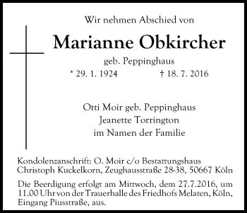 Anzeige von Marianne Obkircher von Kölner Stadt-Anzeiger / Kölnische Rundschau / Express