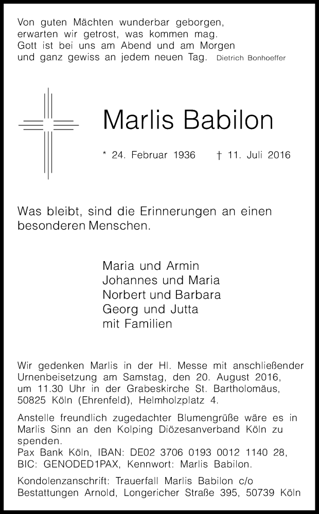 Traueranzeige für Marlis Babilon vom 30.07.2016 aus Kölner Stadt-Anzeiger / Kölnische Rundschau / Express