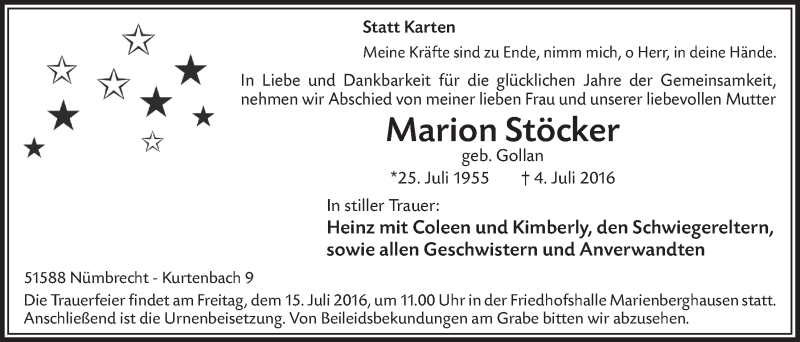 Traueranzeige für Marion Stöcker vom 13.07.2016 aus  Anzeigen Echo  Lokalanzeiger 