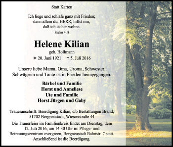 Anzeige von Helene Kilian von Kölner Stadt-Anzeiger / Kölnische Rundschau / Express