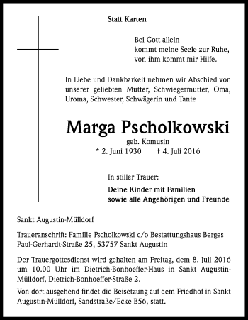 Anzeige von Marga Pscholkowski von Kölner Stadt-Anzeiger / Kölnische Rundschau / Express
