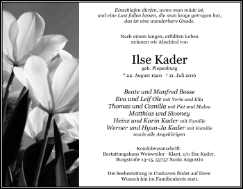 Anzeige von Ilse Kader von Kölner Stadt-Anzeiger / Kölnische Rundschau / Express