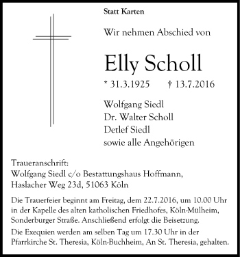 Anzeige von Elly Scholl von Kölner Stadt-Anzeiger / Kölnische Rundschau / Express
