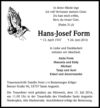 Anzeige von Hans-Josef Form von Kölner Stadt-Anzeiger / Kölnische Rundschau / Express
