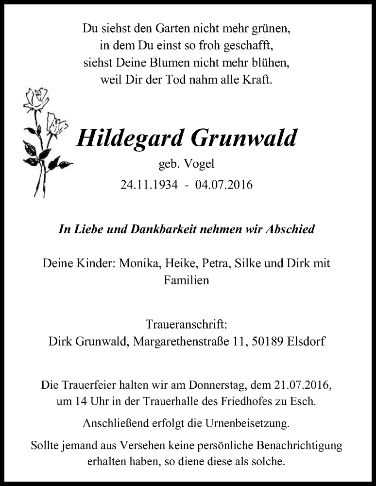  Traueranzeige für Hildegard Grunwald vom 16.07.2016 aus Kölner Stadt-Anzeiger / Kölnische Rundschau / Express