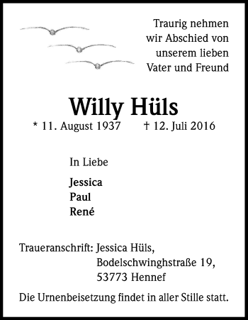 Anzeige von Willy Hüls von Kölner Stadt-Anzeiger / Kölnische Rundschau / Express