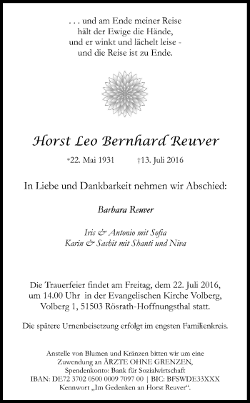 Anzeige von Horst Leo Bernhard Reuver von Kölner Stadt-Anzeiger / Kölnische Rundschau / Express
