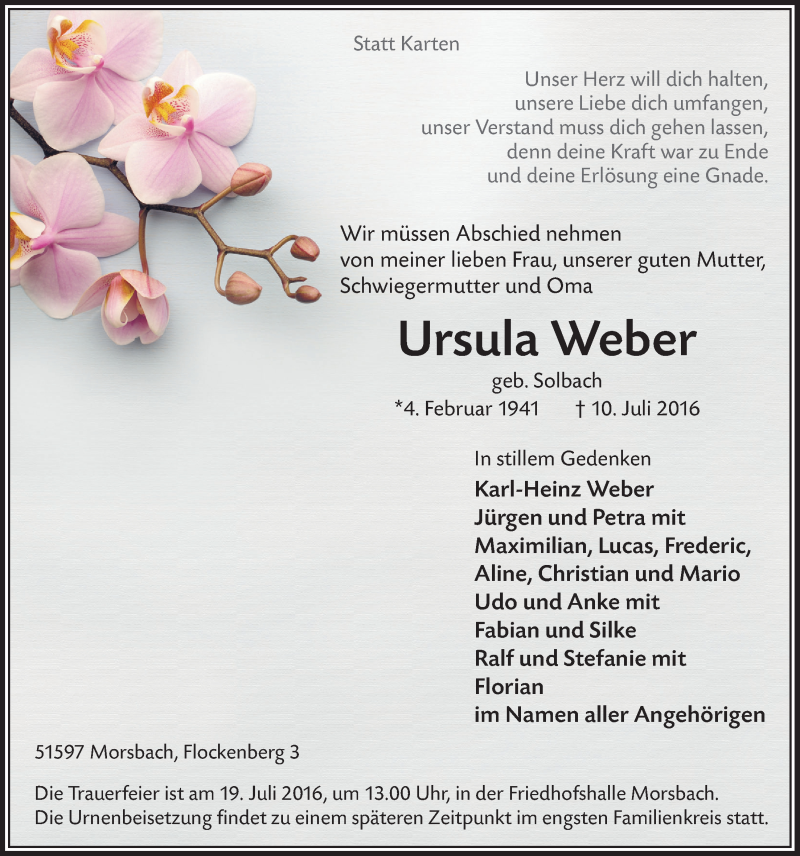  Traueranzeige für Ursula Weber vom 13.07.2016 aus  Lokalanzeiger 