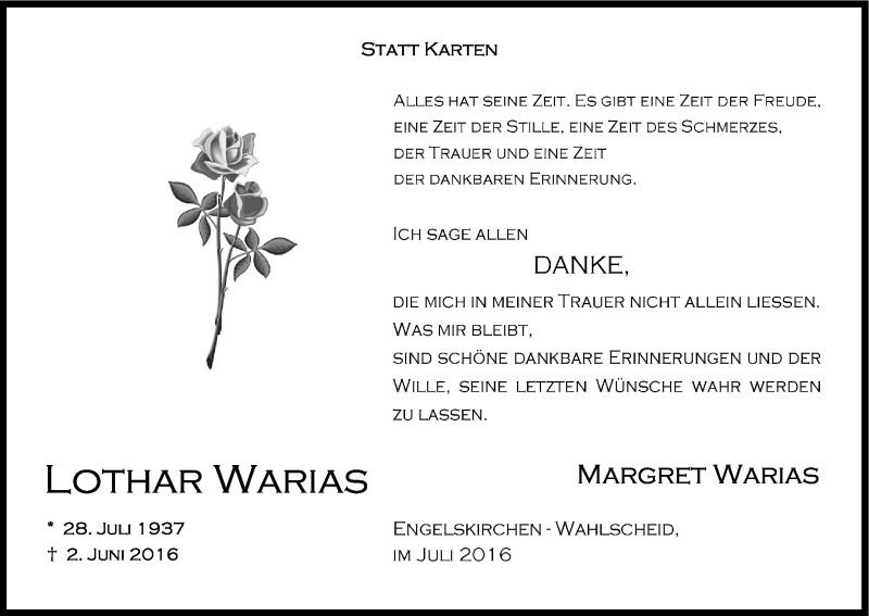  Traueranzeige für Lothar Warias vom 16.07.2016 aus Kölner Stadt-Anzeiger / Kölnische Rundschau / Express