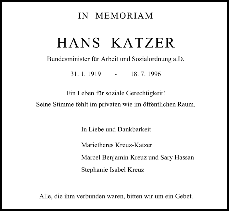  Traueranzeige für Hans Katzer vom 18.07.2016 aus Kölner Stadt-Anzeiger / Kölnische Rundschau / Express