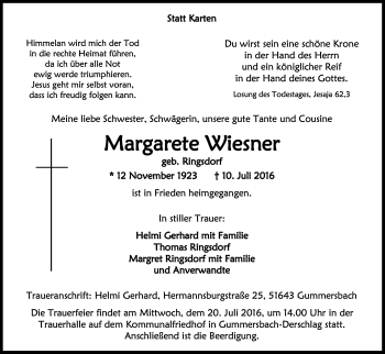 Anzeige von Margarete Wiesner von Kölner Stadt-Anzeiger / Kölnische Rundschau / Express