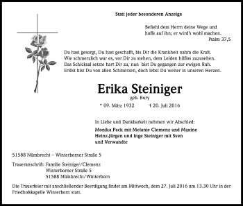 Anzeige von Erika Steiniger von Kölner Stadt-Anzeiger / Kölnische Rundschau / Express