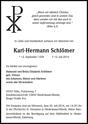 Anzeige von Karl-Hermann Schlömer von Kölner Stadt-Anzeiger / Kölnische Rundschau / Express