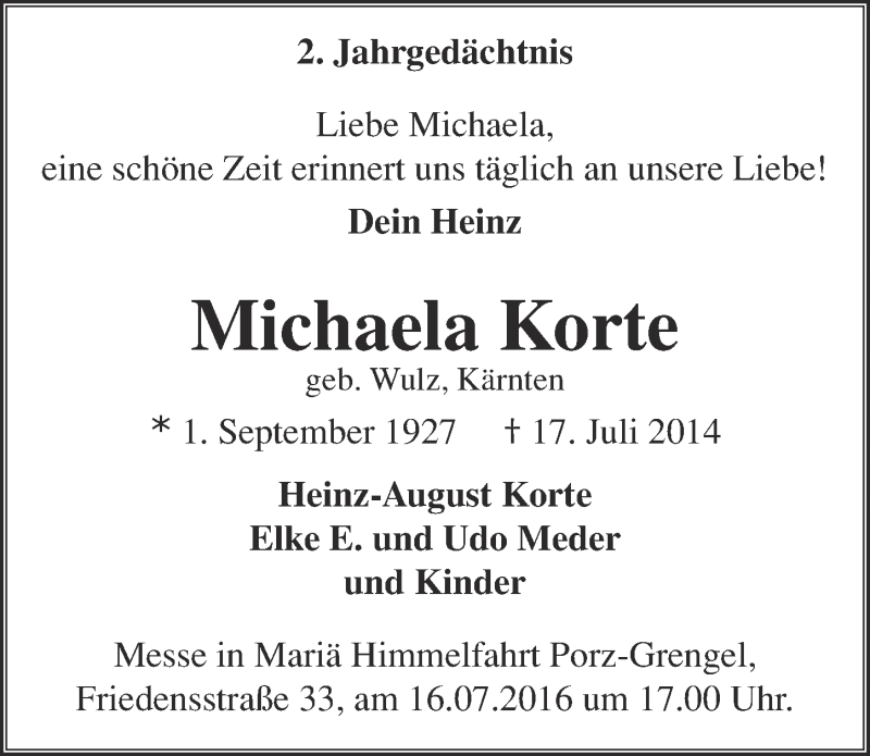  Traueranzeige für Michaela Korte vom 13.07.2016 aus  Kölner Wochenspiegel 