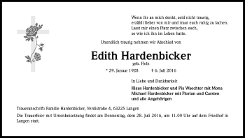 Anzeige von Edith Hardenbicker von Kölner Stadt-Anzeiger / Kölnische Rundschau / Express