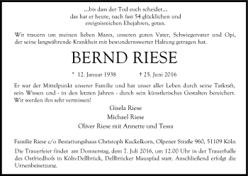 Anzeige von Bernd Riese von Kölner Stadt-Anzeiger / Kölnische Rundschau / Express