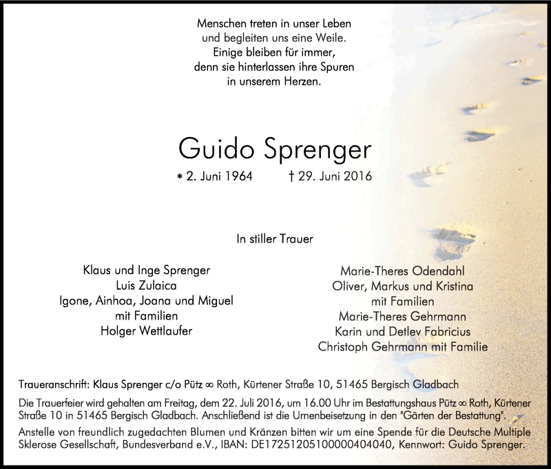  Traueranzeige für Guido Sprenger vom 09.07.2016 aus Kölner Stadt-Anzeiger / Kölnische Rundschau / Express