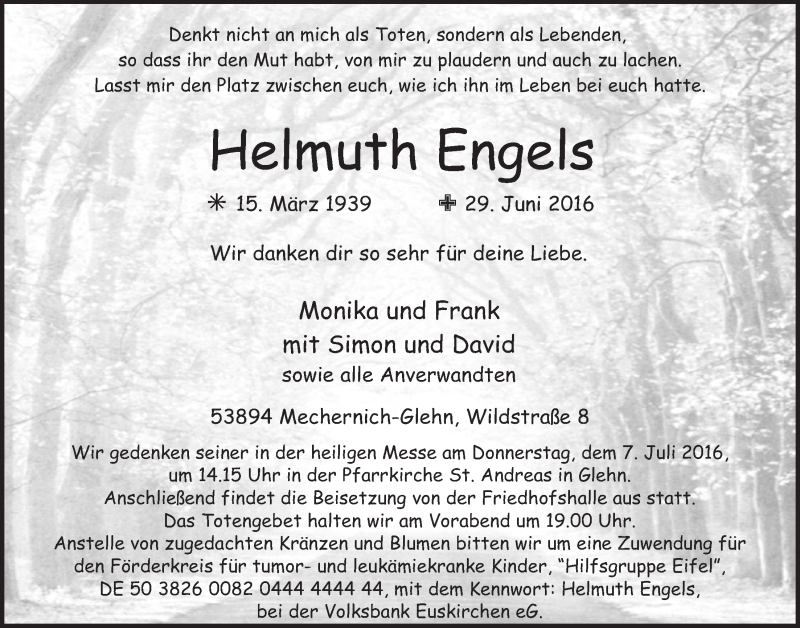  Traueranzeige für Helmuth Engels vom 02.07.2016 aus  Blickpunkt Euskirchen 