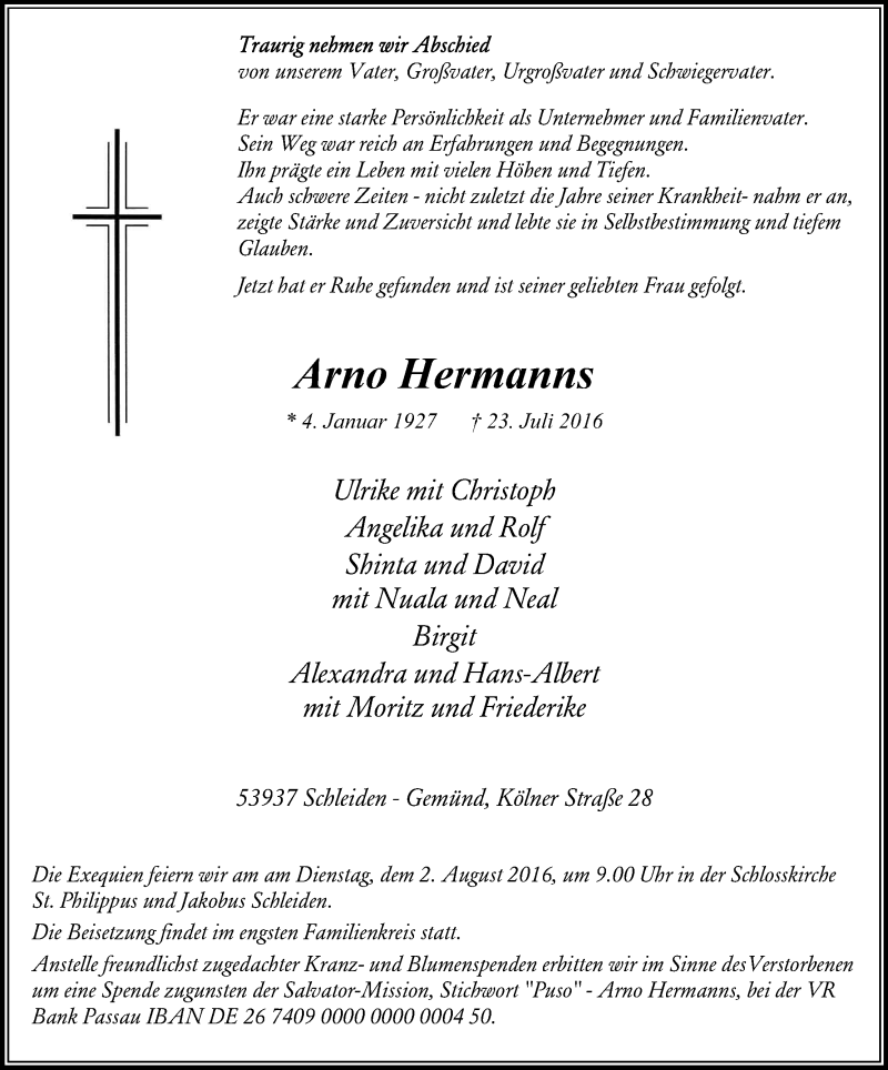  Traueranzeige für Arno Hermanns vom 30.07.2016 aus Kölner Stadt-Anzeiger / Kölnische Rundschau / Express