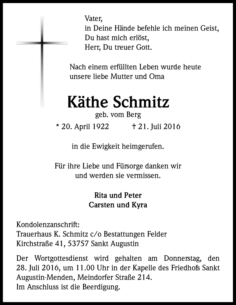  Traueranzeige für Käthe Schmitz vom 23.07.2016 aus Kölner Stadt-Anzeiger / Kölnische Rundschau / Express
