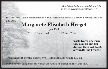 Anzeige von Margarete Elisabeth Herget von  Werbepost 