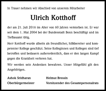 Anzeige von Ulrich Kotthoff von Kölner Stadt-Anzeiger / Kölnische Rundschau / Express