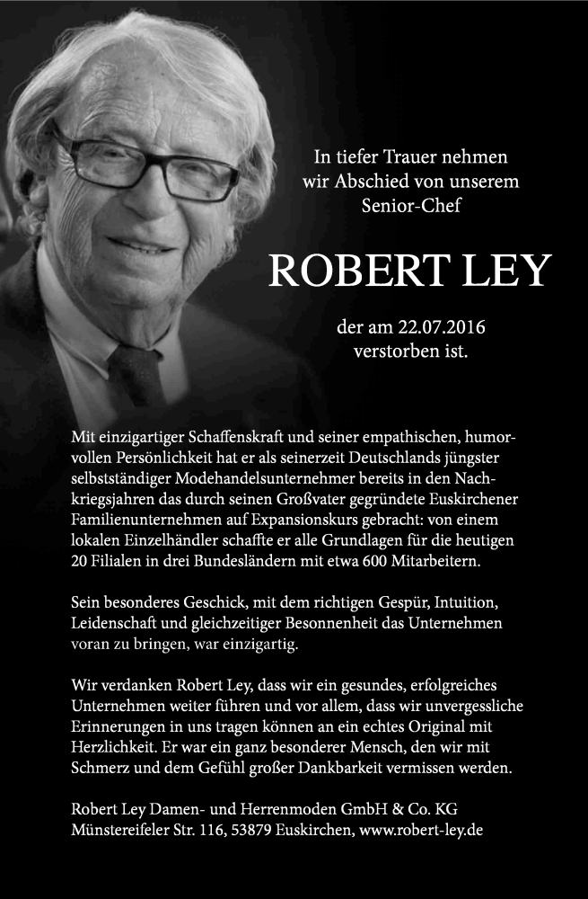  Traueranzeige für Robert Ley vom 30.07.2016 aus Kölner Stadt-Anzeiger / Kölnische Rundschau / Express