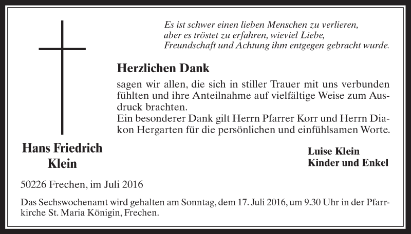  Traueranzeige für Hans Friedrich Klein vom 06.07.2016 aus  Wochenende 