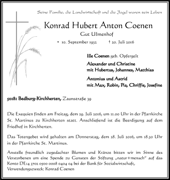 Anzeige von Konrad Hubert Anton Coenen von Kölner Stadt-Anzeiger / Kölnische Rundschau / Express