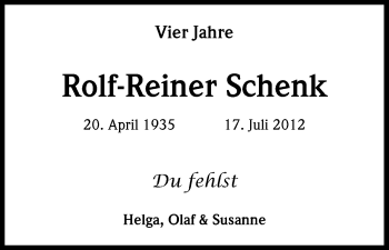 Anzeige von Rolf-Reiner Schenk von Kölner Stadt-Anzeiger / Kölnische Rundschau / Express