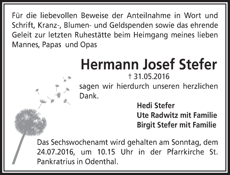  Traueranzeige für Hermann Josef Stefer vom 29.06.2016 aus  Bergisches Handelsblatt 