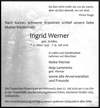 Anzeige von Ingrid Werner von Kölner Stadt-Anzeiger / Kölnische Rundschau / Express