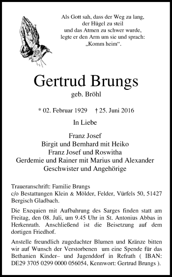 Anzeige von Gertrud Brungs von Kölner Stadt-Anzeiger / Kölnische Rundschau / Express