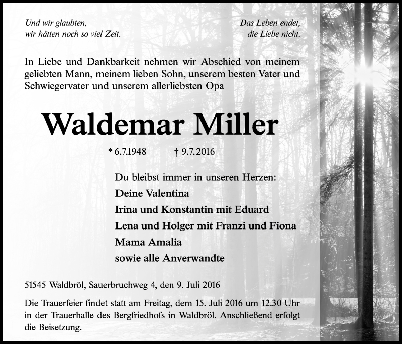  Traueranzeige für Waldemar Miller vom 13.07.2016 aus  Lokalanzeiger 