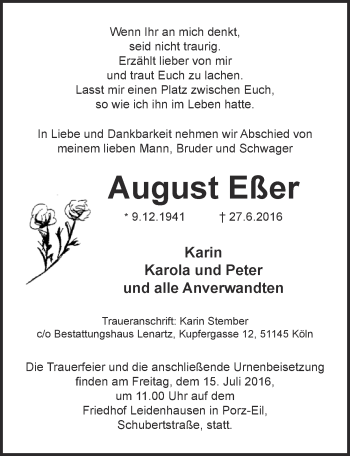 Anzeige von August Eßer von  Kölner Wochenspiegel 