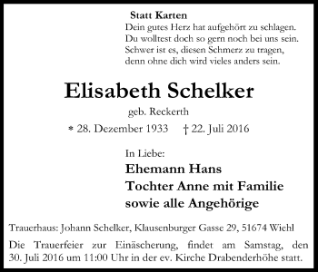 Anzeige von Elisabeth Schelker von Kölner Stadt-Anzeiger / Kölnische Rundschau / Express