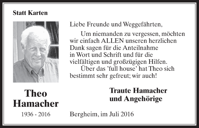  Traueranzeige für Theo Hamacher vom 06.07.2016 aus  Werbepost 