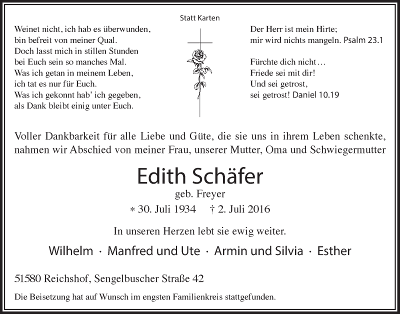  Traueranzeige für Edith Schäfer vom 27.07.2016 aus  Anzeigen Echo  Lokalanzeiger 