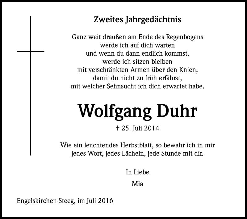  Traueranzeige für Wolfgang Duhr vom 25.07.2016 aus Kölner Stadt-Anzeiger / Kölnische Rundschau / Express