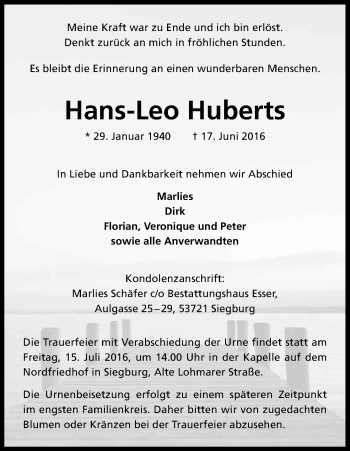 Anzeige von Hans-Leo Huberts von Kölner Stadt-Anzeiger / Kölnische Rundschau / Express