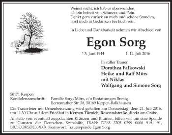 Anzeige von Egon Sorg von  Sonntags-Post 