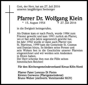 Anzeige von Wolfgang Klein von Kölner Stadt-Anzeiger / Kölnische Rundschau / Express