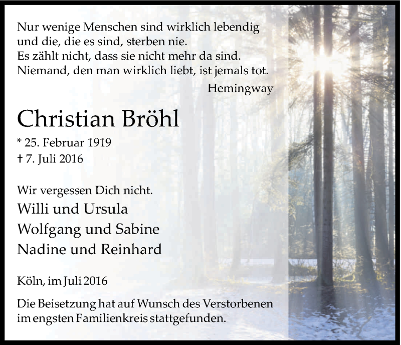  Traueranzeige für Christian Bröhl vom 23.07.2016 aus Kölner Stadt-Anzeiger / Kölnische Rundschau / Express