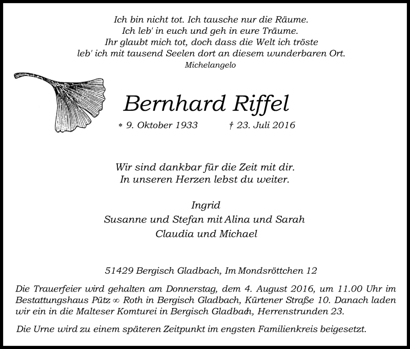  Traueranzeige für Bernhard Riffel vom 29.07.2016 aus Kölner Stadt-Anzeiger / Kölnische Rundschau / Express