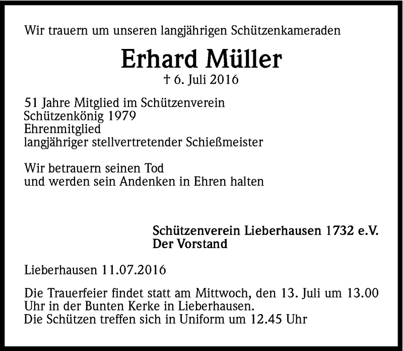  Traueranzeige für Erhard Müller vom 12.07.2016 aus Kölner Stadt-Anzeiger / Kölnische Rundschau / Express