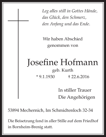 Anzeige von Josefine Hofmann von  Schaufenster/Blickpunkt 