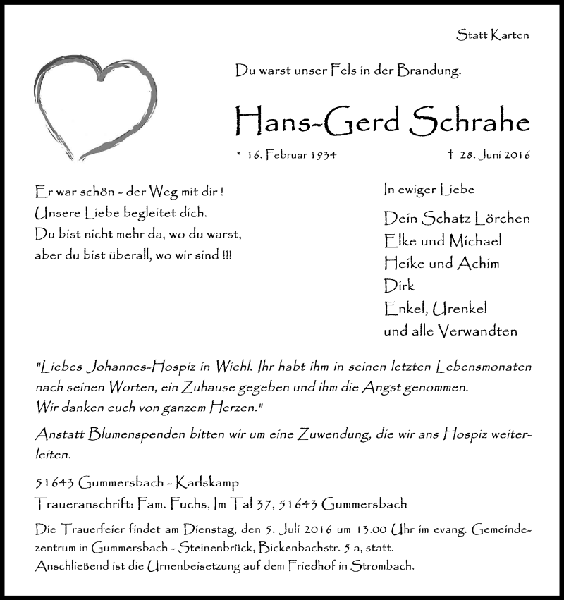  Traueranzeige für Hans-Gerd Schrahe vom 02.07.2016 aus Kölner Stadt-Anzeiger / Kölnische Rundschau / Express