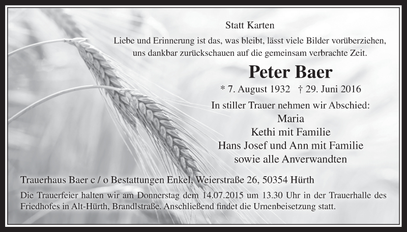  Traueranzeige für Peter Baer vom 06.07.2016 aus  Wochenende 